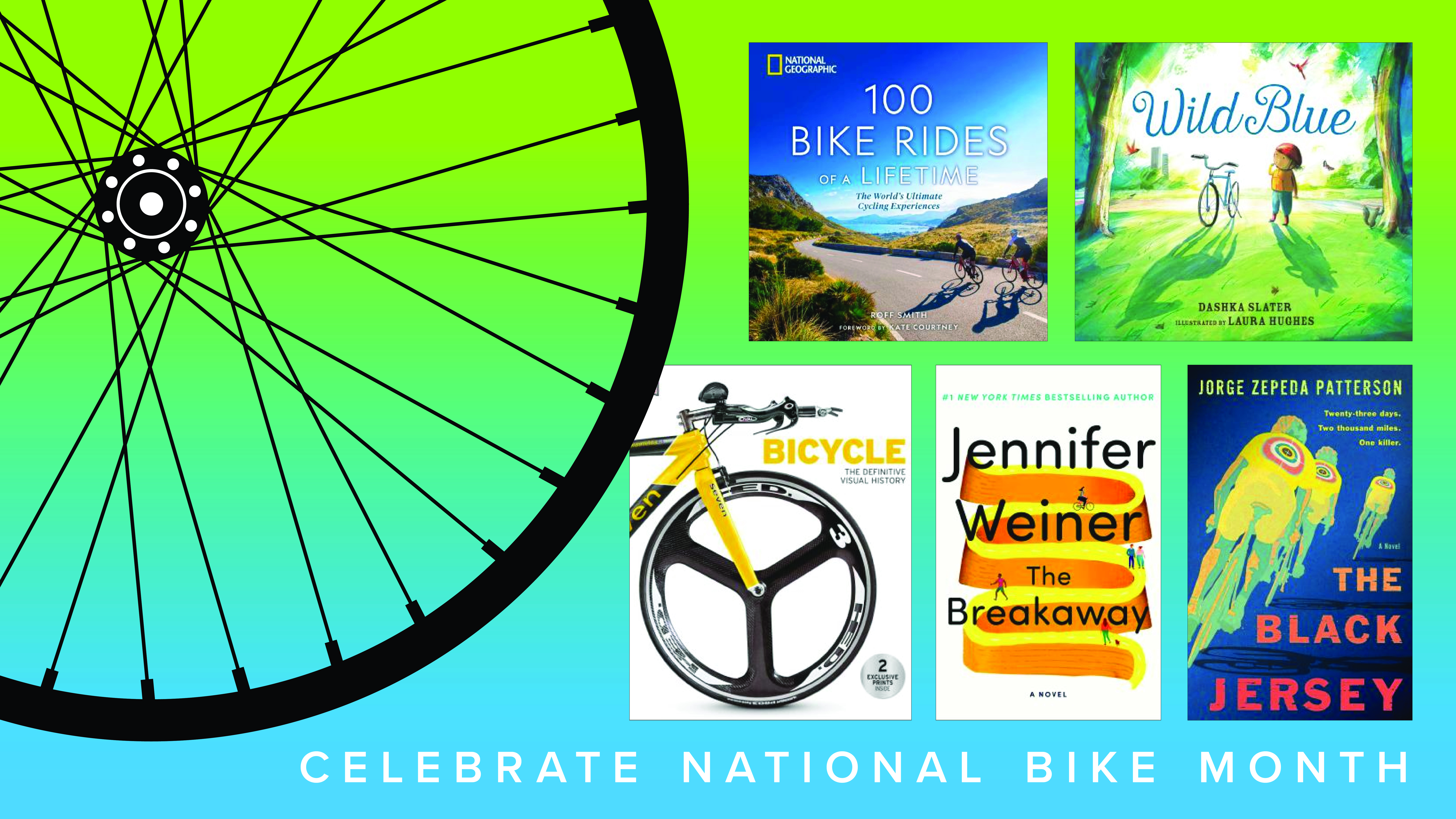 image of book covers about bikes, plus the silhouette of a bike tire