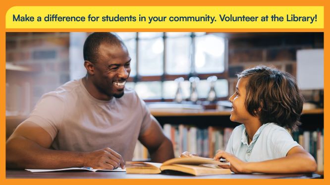 Tutor working with a young student. They are sitting at a table with books and papers on it.