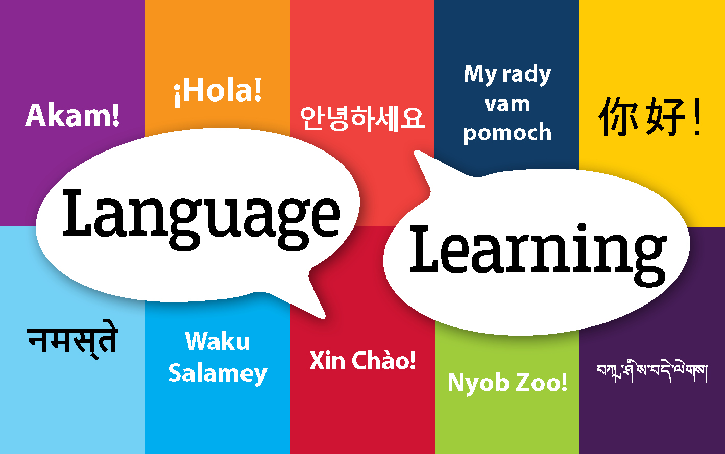 "Language learning" is superimposed on tiles with the word "hello" in multiple languages.