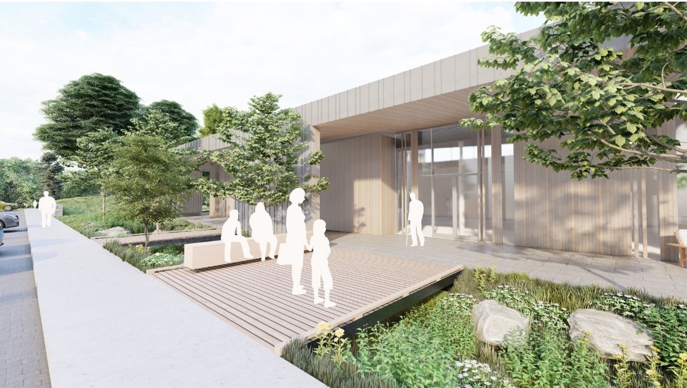 rendering of an entrance to a new one-story westonka library building