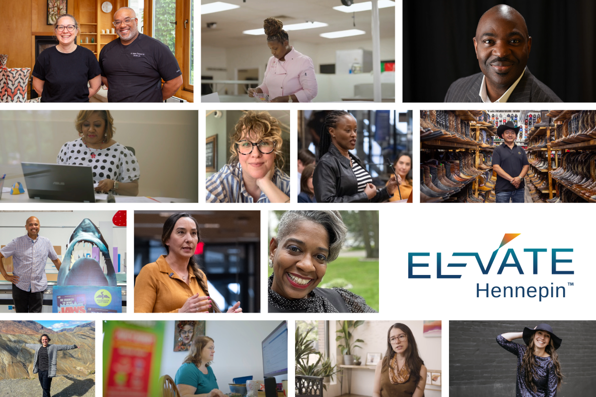 A collage of business owners who used Elevate Hennepin for free business consulting, group learning, or essential resources.
