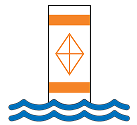 buoy with orange horizontal lines with diamond with plus sign in it in water