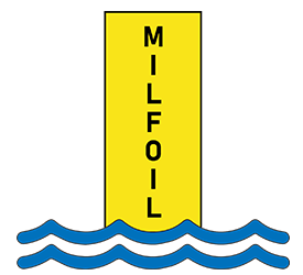 yellow buoy with the word "milfoil" on it in water