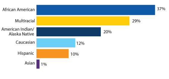 thirty seven percent are african american, twenty nine percent are multiracial, twenty percent are american indian or alaska native, twelve percent are caucasian, ten percent are hispanic, one percent are asian