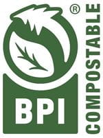 Green logo with two leaves and words BPI compostable