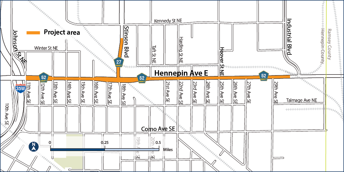 Project area map of Hennepin Avenue (County Road 52) from I-35W to Industrial Boulevard, and Stinson Boulevard (County Road 27) from East Hennepin to south of Kennedy Street