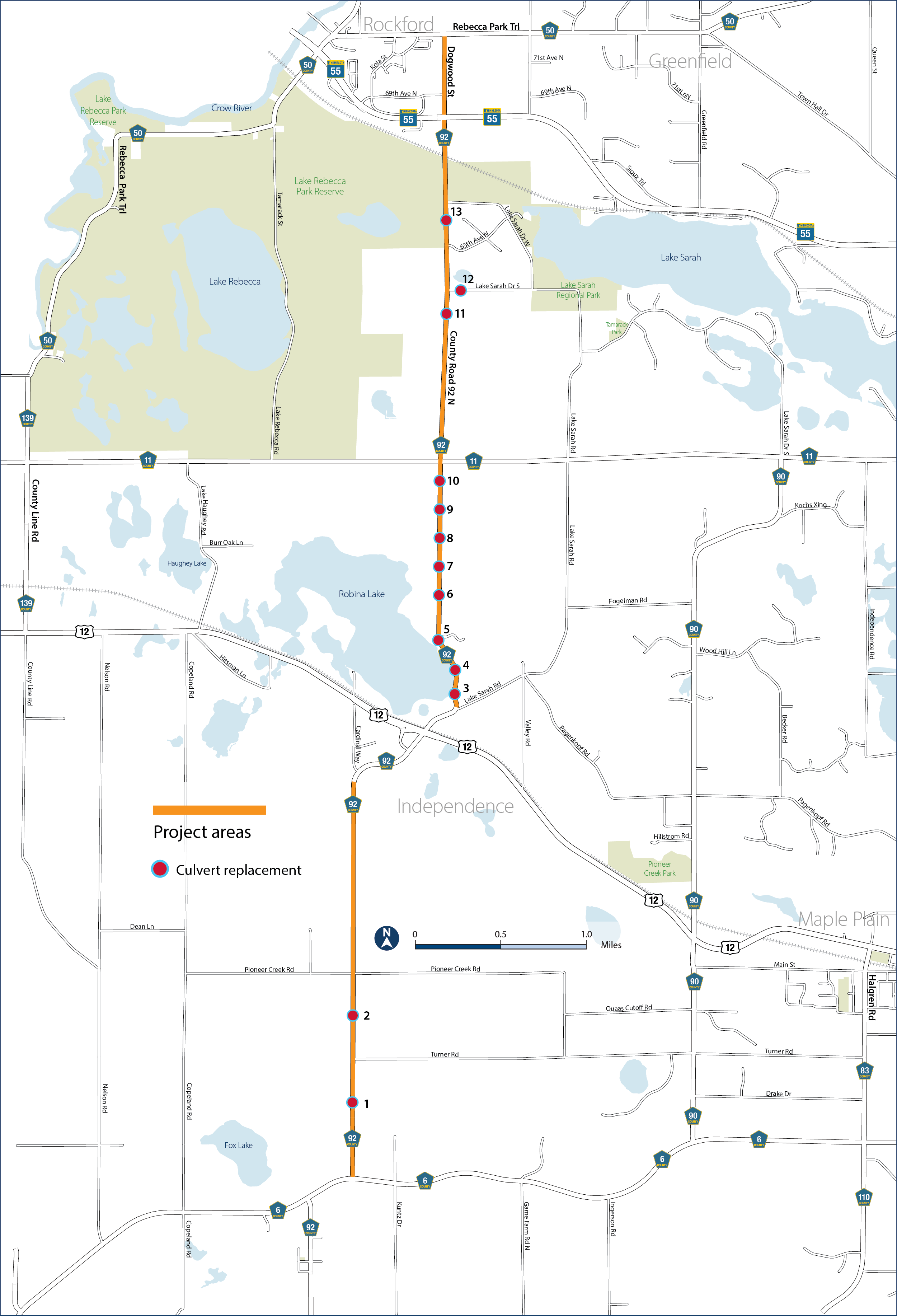 A project map of County Road 92. The map shows work will take place between Watertown Road (County Road 6) and Highway 12 in Independence, and between Highway 12 and Rebecca Park Trail (County Road 50) in Greenfield.