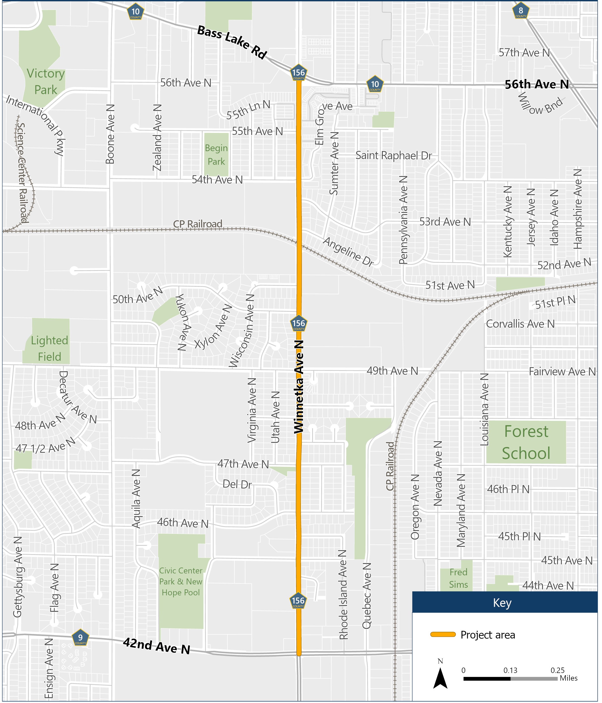 Project area map of Winnetka Avenue (County Road 156) from 42nd Avenue (County Road 9) to Bass Lake Road (County Road 10) in New Hope