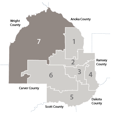 hennepin county map showing  district 7 relative to the other 6 districts