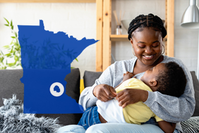 Mother holding baby with Minnesota state watermark over photo