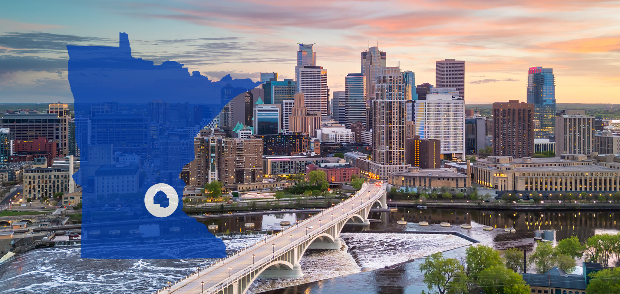 Minneapolis skyline with Minnesota state overlay