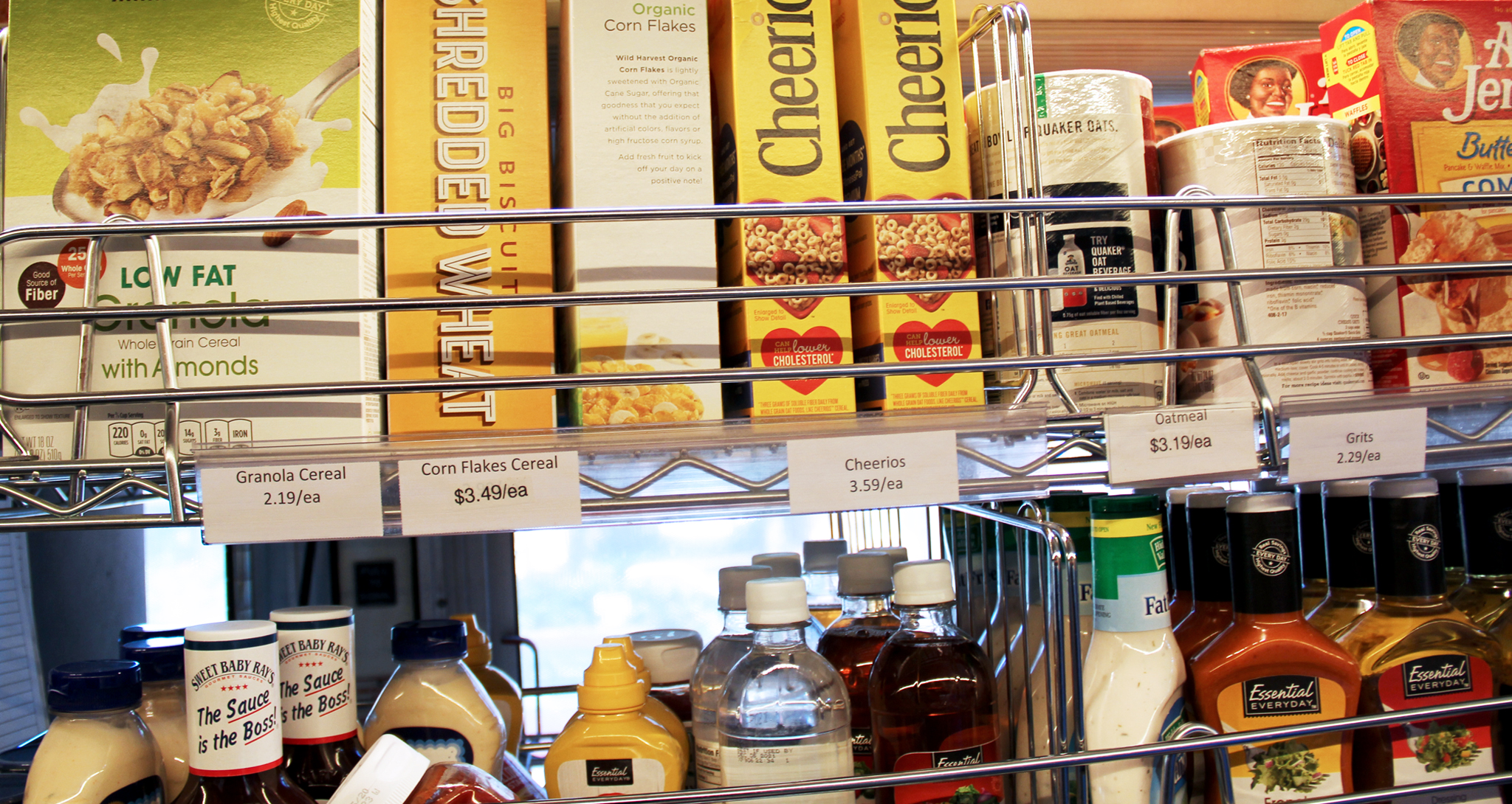 Cereal and condiments for sale on a Twin Cities Mobile Market bus