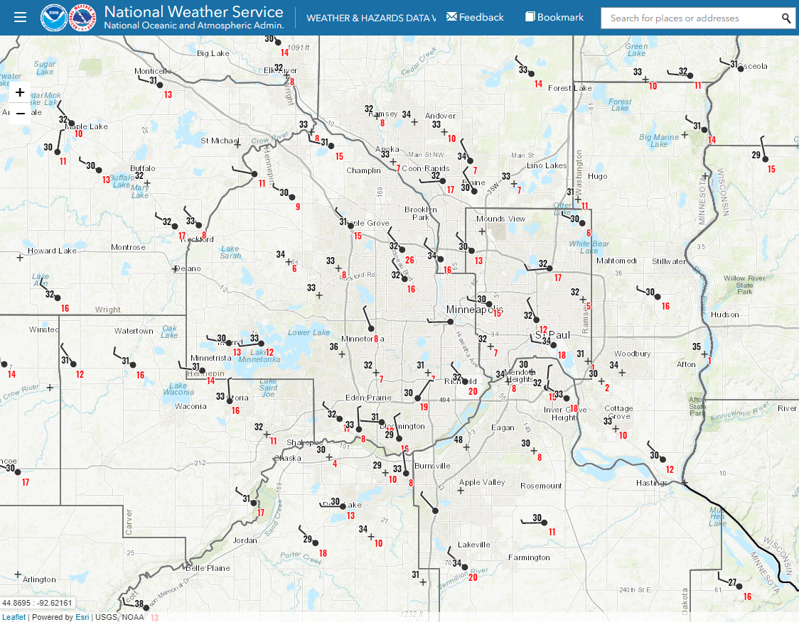 Map of NOAA National Weather Service weather and hazard data viewer with Hennepin West Mesonet stations.