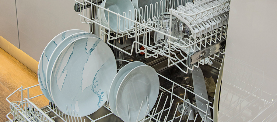 Open dishwasher containing plates
