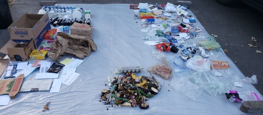 Recycling, organics, and trash items laid out on a tarp on the ground