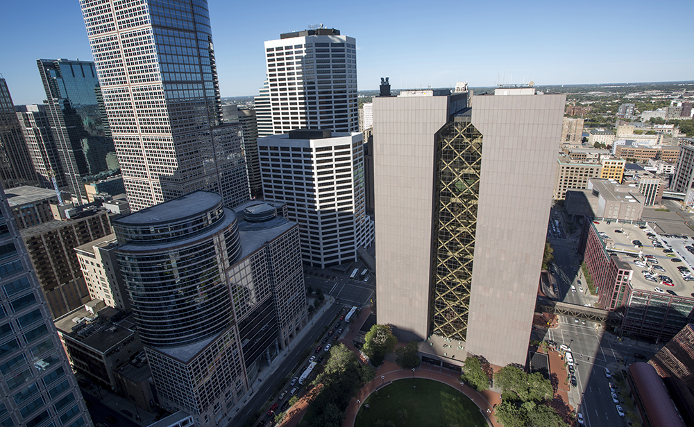 Aerial view of Hennepin County Government Center and other buildings in downtown Minneapolis