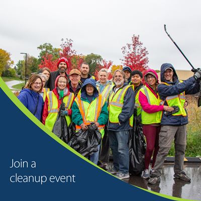 A group of people wearing safety vests and holding trash pickers and garbage bags and text that says join a cleanup event
