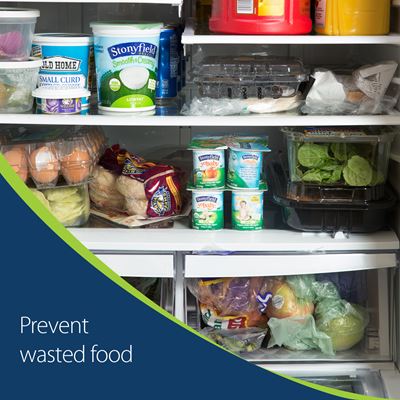 Photo of a food in a fridge including eggs, yogurt, and spinach with text that says prevent wasted food