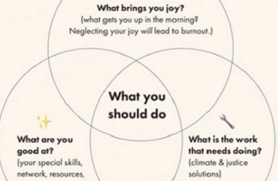 Venn diagram with what brings you joy, what are you good at, and what is the work that needs doing on the outside and what you should do in the middle