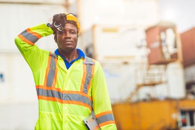 Worker in high visibility clothing wiping sweat off forehead from the heat