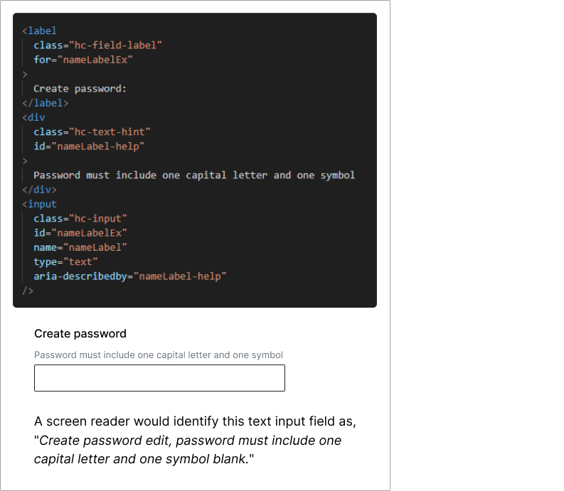 HTML snippet demonstrating how to use aria-describedby for a name field on a form.  The aria-describedby label is connecting to the div id with the same label to send screen readers more instructions for the name field
