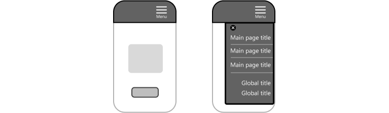 Illustration of two mobile devices with a right-aligned hamburger menu.  First illustration shows menu closed and second illustration shows menu open.