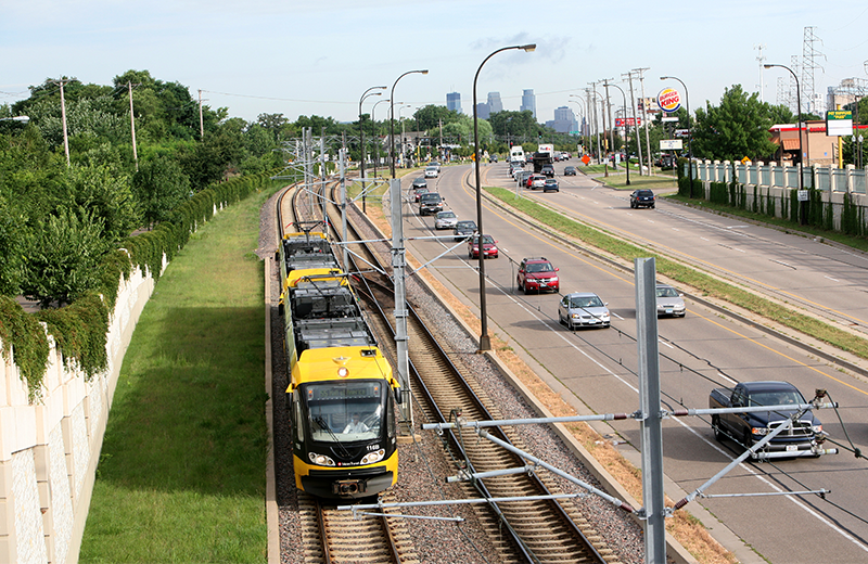 Light rail train running in the city