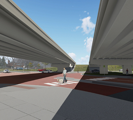 Computer rendering two new bridges crossing over Oakdale Avenue with a pedestrian crosswalk on the street.