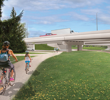 Computer rendering showing two new bridges on West Broadway Avenue with sidewalks and a median.