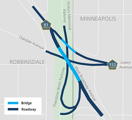 Map showing project area between County Road 81 and County Road 153 in Robbinsdale and Minneapolis